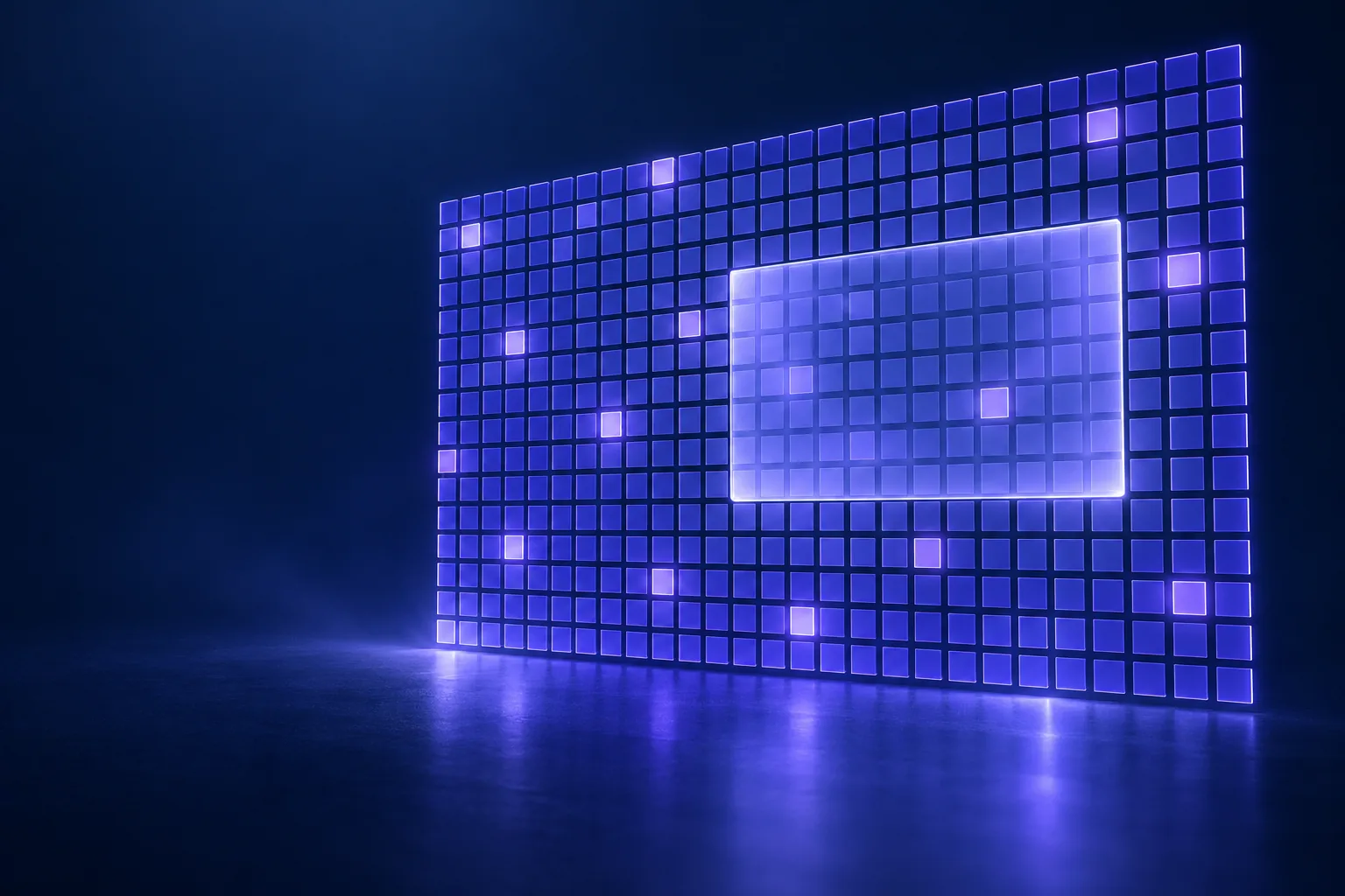 Abstract wall of five hundred small indigo cells with one wide block covering many of them, representing the Google Ads IP exclusion limit and a CIDR range